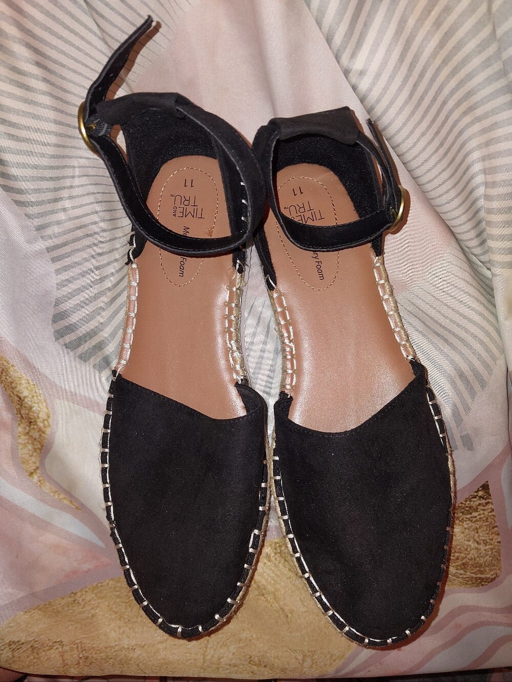Time and Tru Black Ankle-Strap Espadrille Sandals with Gold Accent 11